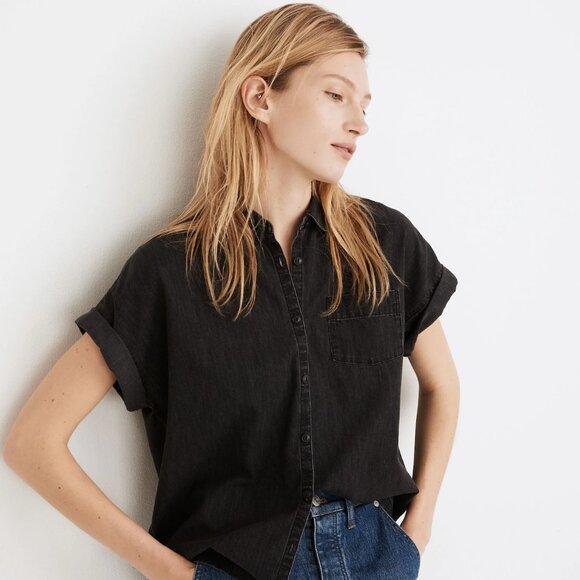 Madewell Top Womens Size XS Black Denim Rolled Sleeve Shirt in Lunar Wash - Picture 3 of 16